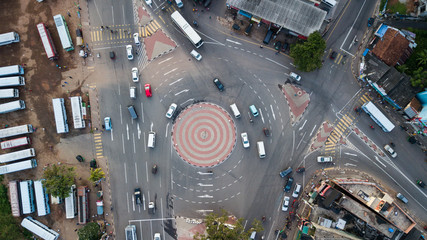 Ariel view of a roundabout in urban Sri Lanka during rush hour © ChamindaSilva