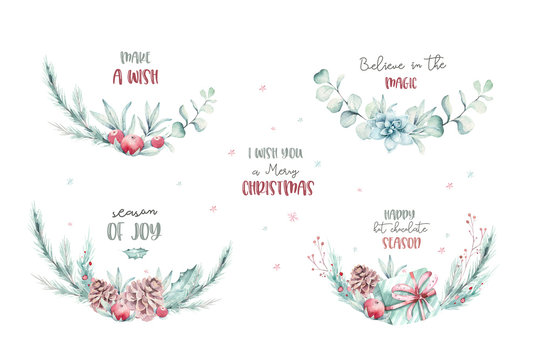 watercolor holiday christmas wreath. Winter decoration wreathselement. Merry christmas design. Pine tree branch, frame, berries. New year invitation decorative design