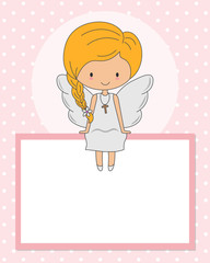 winged girl sitting in a blank frame. communion or christening card