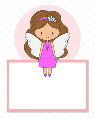 winged girl sitting in a blank frame. communion or christening card
