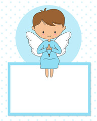Praying angel sitting in a blank frame. communion or christening card