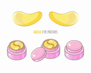 Set hydrogel golden cosmetic eye patch in a pink jar. Cosmetic product for skin. Patches under the eyes. ollagen mask. Korean cosmetics. Facial skin care. Beauty product for eye care