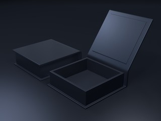 Black blank cardboard box on a dark background. Mock up template. 3d rendering