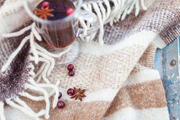 Cup of hot tea with spices,  red berries and warm blanket. Cozy winter background