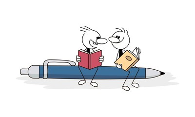 Doodle stick figure: Little people with books sitting on pen. Hand drawn cartoon vector illustration for business and school design.