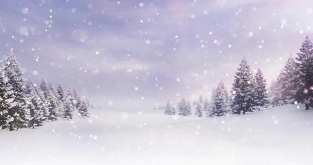 White spacious landscape with snow covered plain and forest at snowfall, winter seasonal background 4K animation - Powered by Adobe
