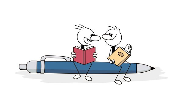 Doodle stick figure: Little people with books sitting on pen. Hand drawn cartoon vector illustration for business and school design.