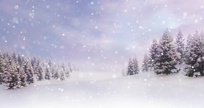 White open landscape with snow covered plain and forest at snowfall, winter seasonal background 4k animation