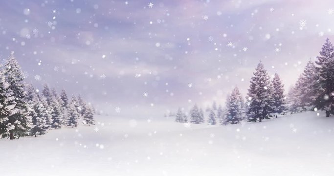 White spacious landscape with snow covered plain and forest at snowfall, winter seasonal background 4K animation