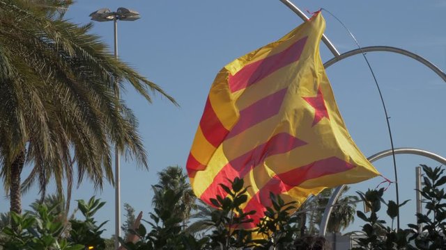 Estelada Vermella Flag During the protests claiming Freedom for Political Prisoners in Catalonia Spain