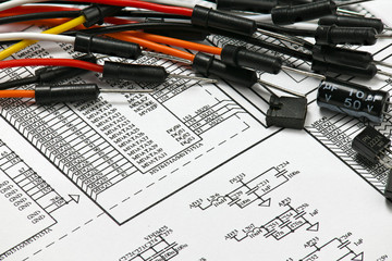 closeup of wires on circuit diagram - DIY kit for learning, training and development of electric circuits