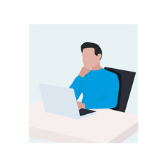 Manager is typing on laptop. Employee in the office working on computer. Flat vector illustration.