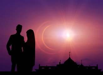 Fototapeta na wymiar Silhouette wedding Muslim with atmosphere sun Shine.