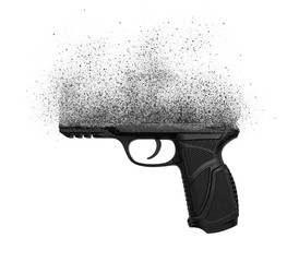 A gun crumbling into particles in space isolate on a white background. No more weapons, concept....