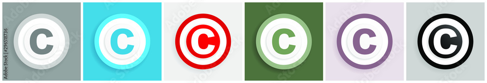 Aufkleber copyright icon set, colorful flat design vector illustrations in 6 options for web design and mobile