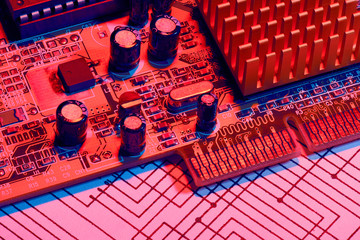 closeup of electronic components, printed circuit board, unit, part, circuit diagram, computer...