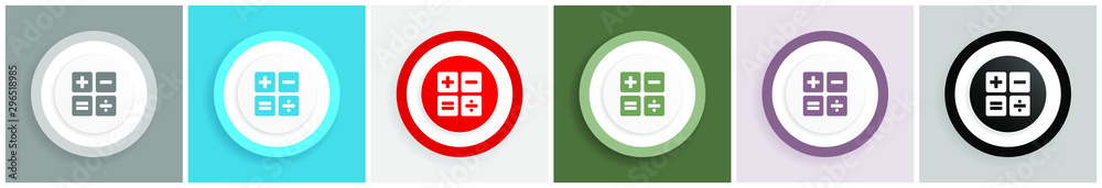 Fototapete calculator icon set, colorful flat design vector illustrations in 6 options for web design and mobil