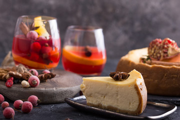 Slice of sweet cheesecake for Christmas Eve. Breakfast concept. Coffee time. Still life of food.