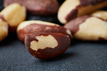 Close up of brazil nut (Bertholletia excelsa) on black background