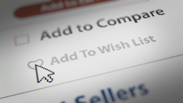 Mouse Cursor Clicking "Add to Wish List " Button.  Concept of Online Shopping