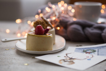 Happy holidays. Christmas mini cake or cheese cake sweet dessert