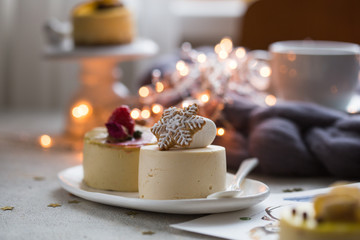 Happy holidays. Christmas mini cake or cheese cake sweet dessert