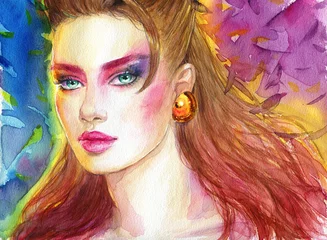 Rolgordijnen Abstract woman face. fashion illustration. watercolor painting © Anna Ismagilova