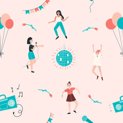 Obraz na płótnie Canvas Seamless pattern with dancing women, balloons, disco ball, tape recorder, flowers. Vector illustration