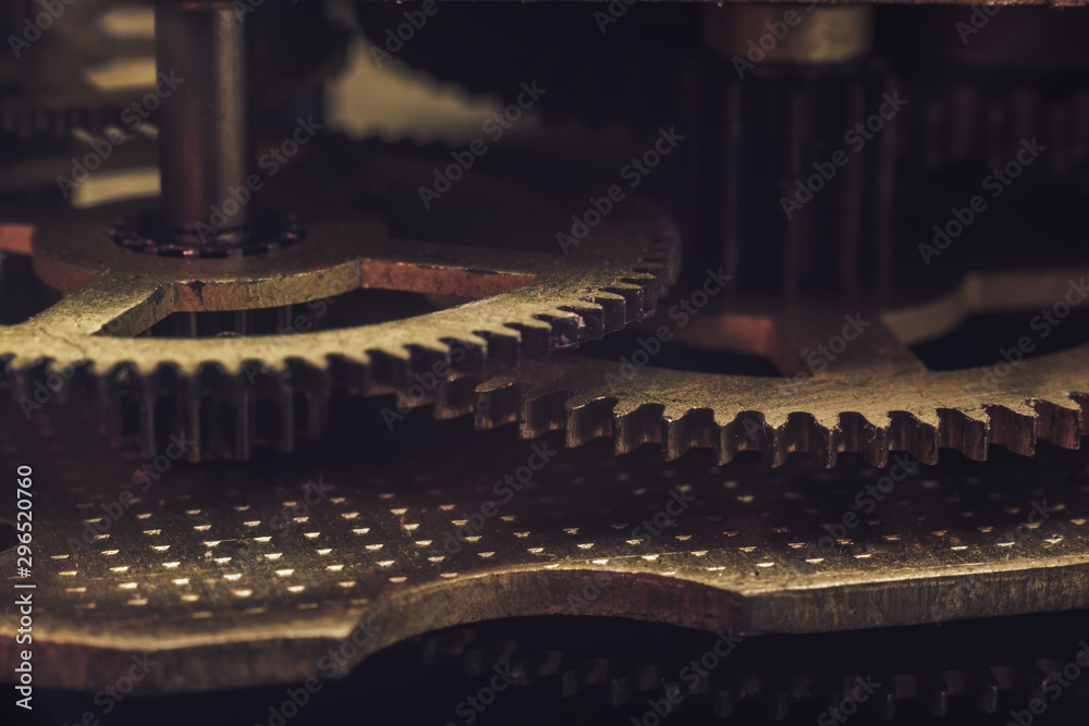 Poster close up beautiful old gears watch on a dark background. macro view.