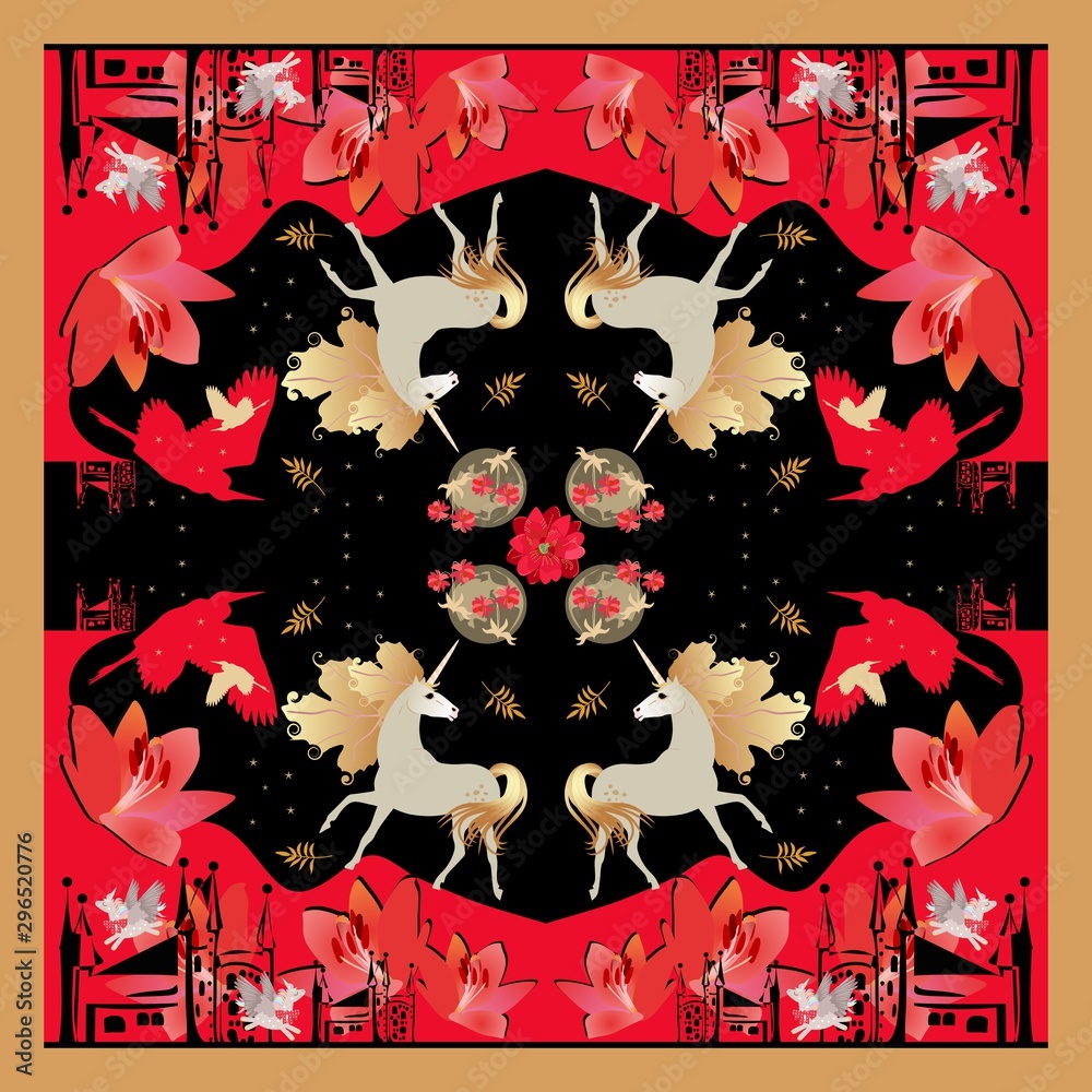 Wall mural Fantasy bandana print with unicorns, castles, birds and flowers, night sky with stars and planets. Magic pattern in red , golden and black colors.