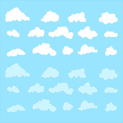 Set of vector white clouds of various shapes and transparency in the blue sky. Simple flat isolated elements.