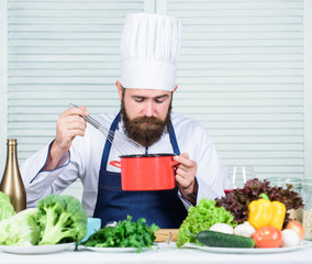 Vegetarian salad with fresh vegetables. Healthy food cooking. Mature hipster with beard. Cuisine culinary. Vitamin. Dieting organic food. Happy bearded man. chef recipe. Spending great time