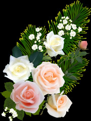 bunch with five roses and green plants isolated on black