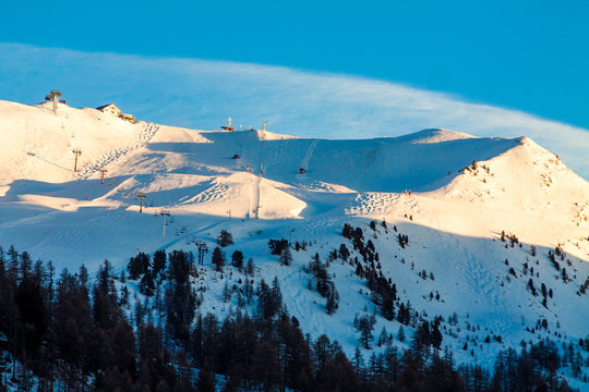 Snowy alpine mountain peaks of the Risoul ski resort, France