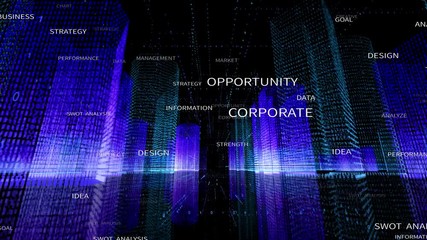 4k Big Data Digital City;artificial intelligence Animated Tag Word Cloud;Flying Through the Digital binary code urban with Numbers and Grids.3d Blueprint.seamless loop. - Powered by Adobe