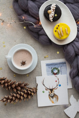 sweet cake and cacao for Christmas Eve. Christmas decoration.