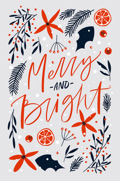 Merry and bright. Christmas handwritten calligraphy with decorative design elements for invitations or greeting cards.