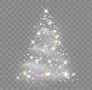 Shiny Christmas tree vector illustration with glowing particles and stars.