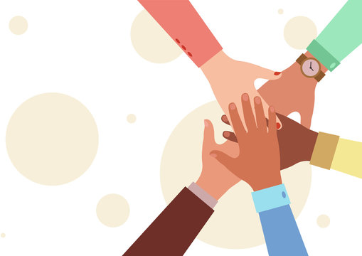 Hands of diverse group of people putting together. Concept of cooperation, unity, togetherness, partnership, agreement, teamwork, social community or movement. Flat style. Vector illustration.