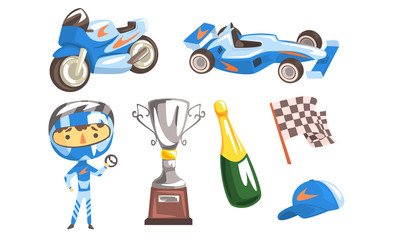 Professional Race Driver with Equipment Set, Winner Cup, Racing Flag, Trophy Cup, Sport Car and Motorcycle, Bottle of Champagne Vector Illustration