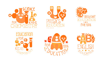 Kids Science Education Logo Templates Set, Chemistry, Physics, Biology, English Labels Vector Illustration