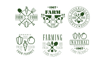 Natural Organic Farm Food Retro Logo Templates Set, Farming Product Badges Vector Illustration