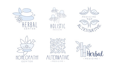 Alternative Homeopathy Center Hand Drawn Labels Set, Holistic Medicine Vector Illustration