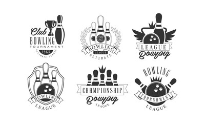 Naklejka premium Bowling Tournament Retro Labels Set, Championship League Monochrome Badges Vector Illustration