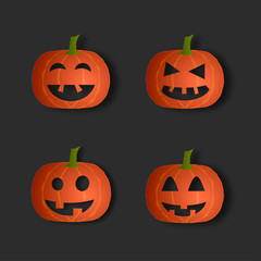 Set of halloween pumpkins. Cartoon paper cut style. Vector