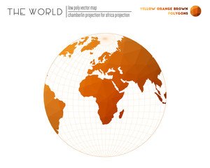 World map with vibrant triangles. Chamberlin projection for Africa projection of the world. Yellow, Orange, and Brown colored polygons. Awesome vector illustration.