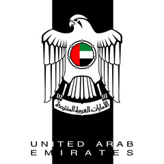 UAE official national state symbol black and white coat of arms isolated on white background. Original and simple of the United Arab Emirates emblem isolated. Official colors and Proportion Correctly