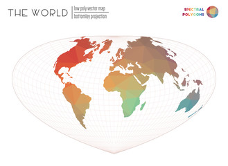 Abstract world map. Bottomley projection of the world. Spectral colored polygons. Trending vector illustration.