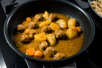 Turkish Food Sulu Kofte / Juicy Meatballs Soup in Pan.
