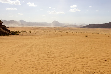 Fototapeta na wymiar Yellow sand in the Wadi Rum desert